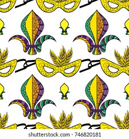 Mardi Gras seamless pattern. Colorful background with carnival mask and hats, fleur de lis, feathers and ribbons. Vector illustration