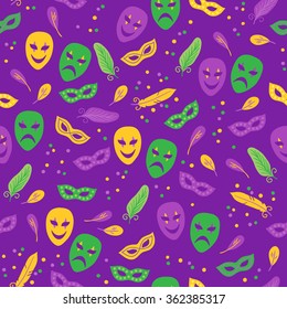 Mardi Gras seamless pattern with comedy and tragedy masks, feathers, confetti and carnival masks. Perfect for wallpaper, pattern fills, web page background, textile, holiday greeting cards