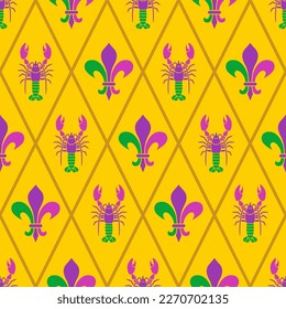 Mardi Gras seamless pattern with crayfish and fleur de lis. Abstract background. Fat Tuesday