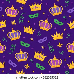 Mardi Gras seamless pattern with crown, carnival masks, holiday ribbon, fleur-de-lis and sparkles. Perfect for wallpaper, pattern fills, web page background, textile, holiday greeting cards