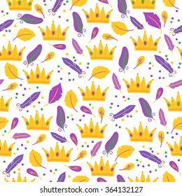 Mardi Gras seamless pattern with crowns, feathers and confetti. Perfect for wallpaper, pattern fills, web page background, textile, holiday greeting cards