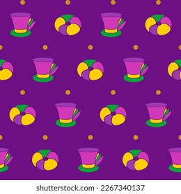 Mardi Gras seamless pattern with cylinders with feathers and king Cake. Abstract background. Fat Tuesday background