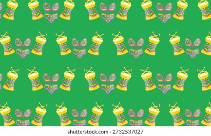 Mardi Gras Seamless Pattern with Drums, Carnival Costume and Beads