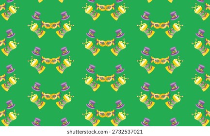 Mardi Gras Seamless Pattern with Feather Mask, Hat and Drums