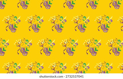 Mardi Gras Seamless Pattern with Feather Mask, Crown, Jester Symbol and Confetti