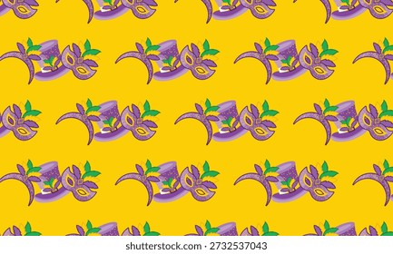 Mardi Gras Seamless Pattern with Feather Mask, Hat and Carnival Headwear