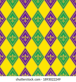 Mardi Gras seamless pattern with Fleur De Lis; holiday background for greeting cards, invitations, posters, banners.