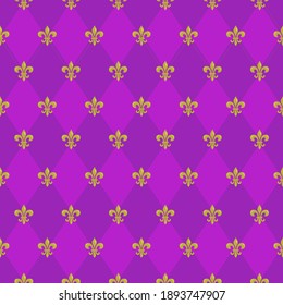 Mardi Gras seamless pattern with Fleur De Lis; purple rhombuses; holiday background for greeting cards, invitations, posters, banners.