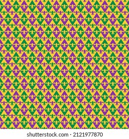 Mardi Gras seamless pattern.  Fleur de lis  checkered background. Green, purple and yellow background.  Vector template for carnival decorations. 