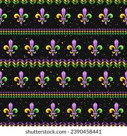 Mardi Gras seamless pattern with Fleur de Lis symbol, strings of beads, party streamers, spiral ribbons. Geometric pattern with horizontal stripes on textured black background. Not AI