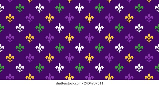 Mardi Gras Nahtlose Muster mit Fleur de Lys Blume. violetter, grüner und gelber Vektorhintergrund mit karnevalem festlichem Symbol.