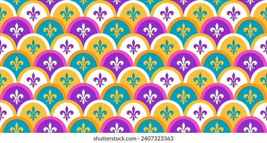 Mardi Gras Seamless Pattern with Fleur de Lys Flower. Purple, White, Green and Yellow Vector Background with Carnival Festive Symbol.