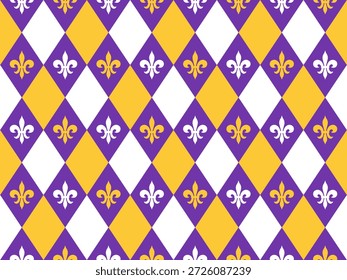 Mardi Gras Seamless Pattern. Fleur de Lys and Rhombus Endless Background in purple, yellow and white.