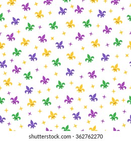 Mardi Gras seamless pattern with fleur-de-lis and sparkles. Perfect for wallpaper, pattern fills, web page background, textile, holiday greeting cards