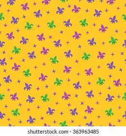 Mardi Gras seamless pattern with fleur-de-lis symbols and sparkles on yellow background. Perfect for wallpaper, pattern fills, web page background, textile, holiday greeting cards