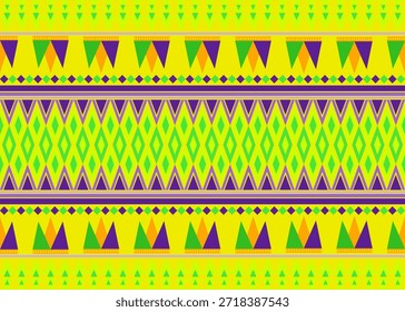 Mardi Gras nahtloses Muster mit geometrischen Formen auf grünem, violettem, gelbem Hintergrund. Design für Papier, Hintergrund, Textur, Tapete und Stoff.