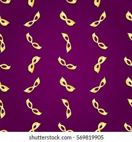 Mardi Gras seamless pattern with gold mask. Cute holiday design with golden carnival mask. Flyer or banner pink background. Vector illustration.
