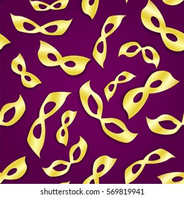 Mardi Gras seamless pattern with gold mask. Cute holiday design with golden carnival mask. Flyer or banner pink background. Vector illustration.