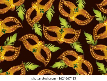 Mardi Gras Seamless Pattern, Golden mask with feathers, gretting card banner, poster,  template, Flyer & brochure, vector illustration, EPS10.