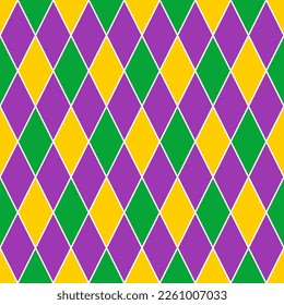 Mardi Gras seamless pattern with green, purple and yellow diamond. Abstract geometric background. Fat Tuesday