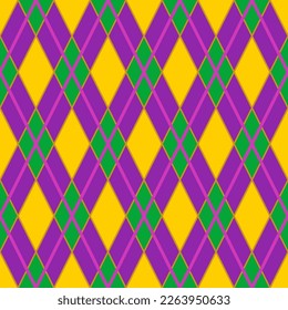 Mardi Gras seamless pattern with green, purple and yellow diamond. Abstract geometric background. Fat Tuesday