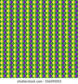 Mardi Gras seamless pattern with green, purple and yellow diamond. Abstract geometric background. Flat design template. Vector illustration