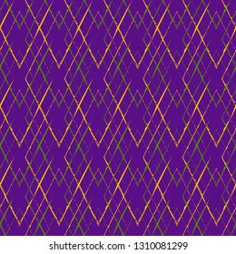 Mardi Gras seamless pattern with grunge lines. Abstract geometric background in yellow, green and purple colors. Good for holiday greeting cards, wallpaper, pattern fills, web page background, textile