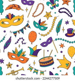 Mardi Gras seamless pattern with hand drawn elements, doodles on white background. Wrapping paper, textile print, wallpaper, scrapbooking, giftware design. EPS 10