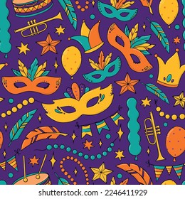 Mardi Gras seamless pattern with hand drawn doodles, clip art, masquerade elements. Good for wrapping paper, textile prints, backgrounds, wallpaper, scrapbooking, stationary, etc. EPS 10