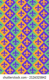 El Mardi Gras presenta un diseño plano sin fisuras con un patrón de arlequín y un símbolo fleur-de-lis. Cartel de la fiesta de Mardi Gras al fondo.
