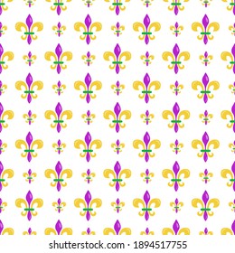 Mardi Gras seamless pattern with heraldic lilyes in traditional colors; for wrapping paper, greeting cards, posters, banners.