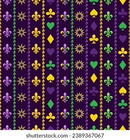 Mardi Gras seamless pattern with holiday symbols, strings of beads. Geometric pattern with vertical stripes on black background. Vintage illustration for prints, clothing, surface design. Not AI स्टॉक वेक्टर