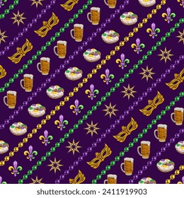 Mardi Gras seamless pattern with holiday objects and symbols, strings of beads. Geometric pattern with diagonal stripes on black background. Vintage illustration for prints, clothing, wrapping paper