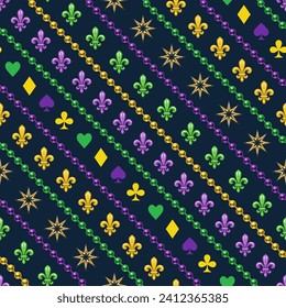 Mardi Gras seamless pattern with holiday symbols, strings of beads. Geometric pattern with diagonal stripes on dark background. Vintage illustration for prints, clothing, surface design