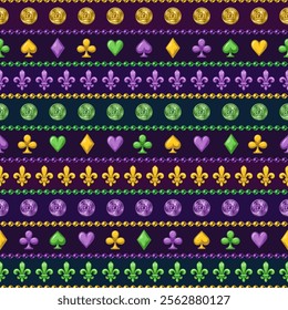 Mardi Gras seamless pattern with holiday symbols, strings of beads. Geometric pattern with horizontal stripes on dark background. Vintage style illustration