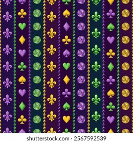 Mardi Gras seamless pattern with holiday symbols, strings of beads. Geometric pattern with vertical stripes on dark background. Vintage style illustration