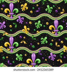 Mardi Gras seamless pattern with horizontal wavy stripes, scattered Fleur de Lis sign, confetti, beads, glitter. Vintage illustration for prints, wrapping paper, holiday goods decoration