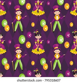 Mardi Gras seamless pattern with the image of the people in carnival costumes. Vector background.