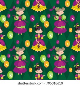 Mardi Gras seamless pattern with the image of the people in carnival costumes. Vector background.