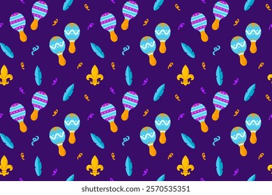 Mardi Gras Seamless Pattern with Maracas and Feathers. Colorful pattern with maracas, feathers, and fleur-de-lis on a purple background for Mardi Gras