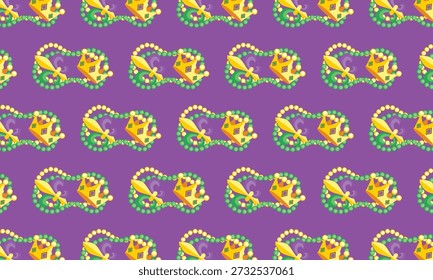Mardi Gras Seamless Pattern with Maracas, Beads, Jester Symbol, Crown and Confetti