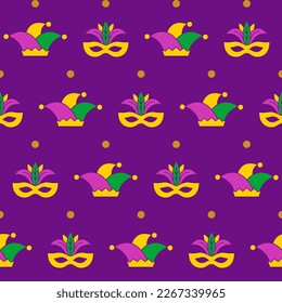 Mardi Gras seamless pattern with masks with feathers and jester s hats. Abstract background. Fat Tuesday background