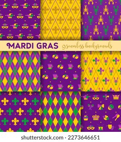 Mardi Gras seamless pattern with masks, jester s hats, crown an fleur de lis. Set of backgrounds