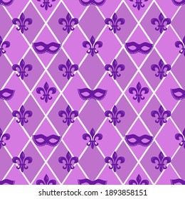 Mardi Gras seamless pattern; purple carnival masks and heraldic lilyes; background for wrapping paper, greeting cards, invitations, posters, banners.