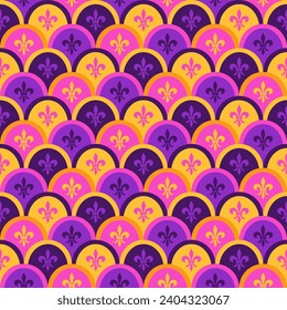 Mardi Gras Seamless Pattern Scales with Fleur De Lis. Purple, Pink and Yellow Vector Background with Carnival Festive Symbols.