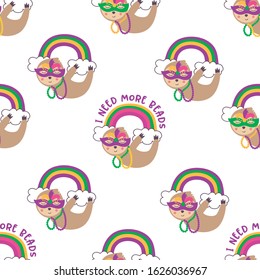 Mardi gras seamless pattern with sloth bear. Vector background for print on textile or paper.