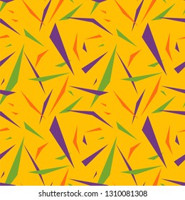 Mardi Gras seamless pattern with splinters / fragments. Abstract geometric background in yellow, green and purple colors. Good for holiday greeting cards, wallpaper, pattern fills, web page background