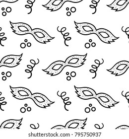 Mardi gras seamless pattern with symbols: mask, beads, confetti, serpentine. Festive background for packaging, coloring books. Black contour. Whirling elements. Traditional masquerade. Bright carnival