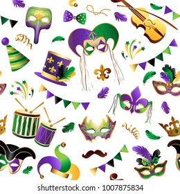 Mardi Gras. Seamless pattern. Template with Golden Carnival Masks on Background. Glittering Celebration Festive. Vector Illustration.