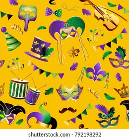 Mardi Gras. Seamless pattern. Template with Golden Carnival Masks on Background. Glittering Celebration Festive. Vector Illustration.